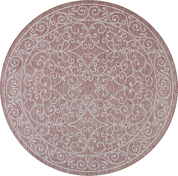 JONATHAN Y SMB106B-9R Charleston Vintage Filigree Textured Weave Red/Beige 9' Round Indoor/Outdoor Area Rug, Pet Friendly, Non-Shedding, Stain Resistant, Easy-Cleaning for Backyard, Patio, Porch