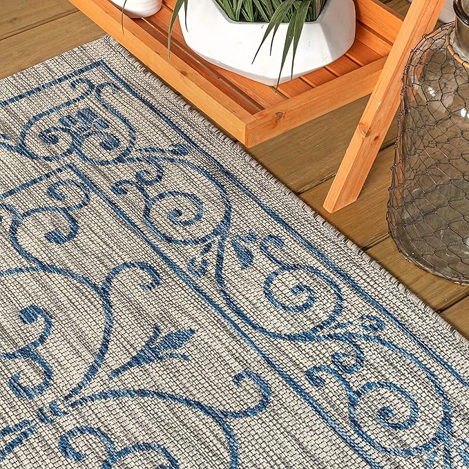 JONATHAN Y SMB106C-9 Charleston Vintage Filigree Textured Weave Indoor Outdoor Area Rug Classic Coastal Easy Cleaning Bedroom Kitchen Backyard Patio Non Shedding, 9 X 12, Gray/Navy
