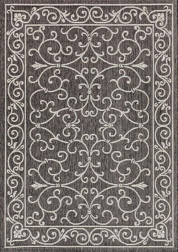 JONATHAN Y SMB106G-8 Charleston Vintage Filigree Textured Weave Indoor Outdoor Area Rug Classic Coastal Easy Cleaning Bedroom Kitchen Backyard Patio Non Shedding, 8 X 10, Black/Gray