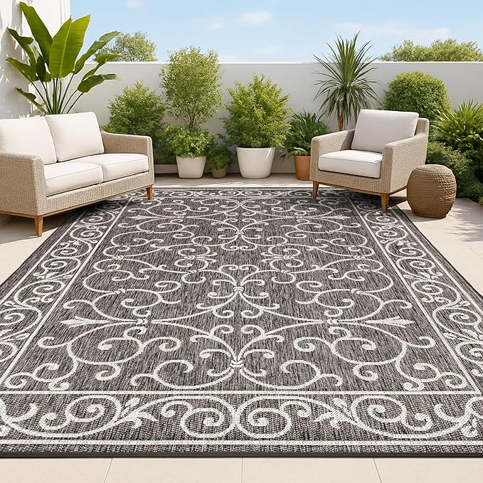 JONATHAN Y SMB106G-8 Charleston Vintage Filigree Textured Weave Indoor Outdoor Area Rug Classic Coastal Easy Cleaning Bedroom Kitchen Backyard Patio Non Shedding, 8 X 10, Black/Gray