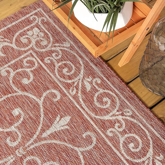 JONATHAN Y SMB106B-9R Charleston Vintage Filigree Textured Weave Red/Beige 9' Round Indoor/Outdoor Area Rug, Pet Friendly, Non-Shedding, Stain Resistant, Easy-Cleaning for Backyard, Patio, Porch