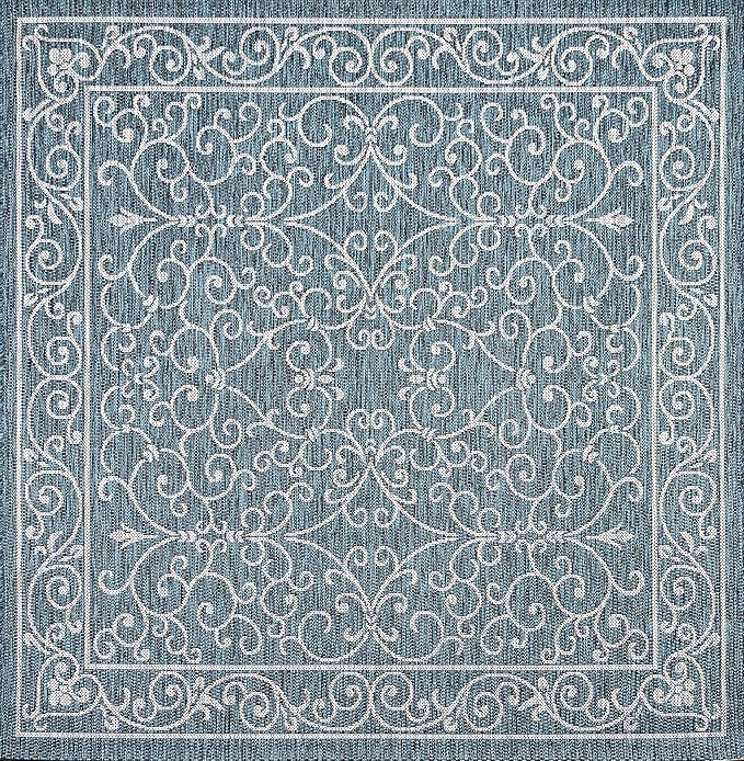 JONATHAN Y SMB106F-8SQ Charleston Vintage Filigree Textured Weave Teal/Gray 8' Square Indoor/Outdoor Area Rug, Pet Friendly, Non-Shedding, Stain Resistant, Easy-Cleaning for Backyard, Patio, Porch